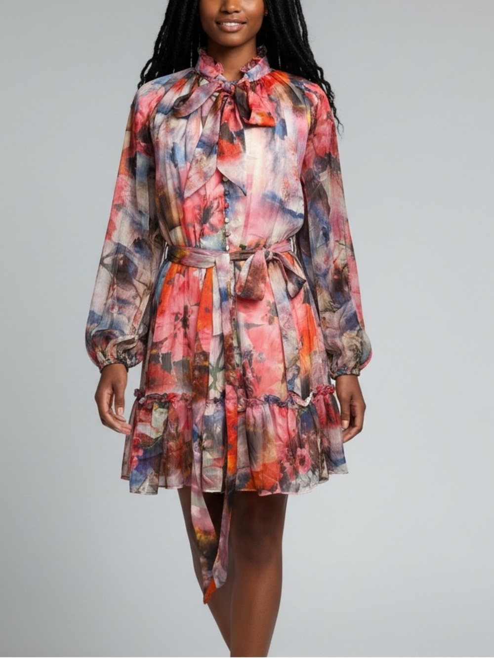 The Sang Watercolor Floral Tie-Neck Long Sleeve Dress